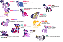 Size: 3464x2360 | Tagged: safe, clover the clever, twilight sparkle, alicorn, pony, unicorn, g4, bridesmaid dress, clothes, crystal twilight, crystallized, discorded, dress, evolution, evolution chart, female, future twilight, gala dress, high res, mane of fire, mare, masked matter-horn costume, no source available, ponymon, power ponies, rainbow power, solo, time paradox, twilight snapple, twilight sparkle (alicorn), tyrant sparkle, unicorn twilight, wedding dress