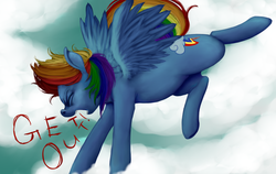 Size: 1135x718 | Tagged: safe, artist:colorlesscupcake, rainbow dash, g4, female, get out, solo