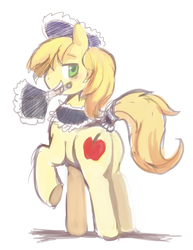 Size: 650x840 | Tagged: safe, artist:ende26, braeburn, earth pony, pony, g4, braebutt, butt, clothes, crossdressing, duster, looking at you, looking back, looking back at you, maid, male, mouth hold, plot, sketch, smiling, smiling at you, solo, stallion, tail wrap