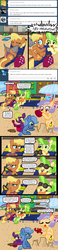 Size: 640x2738 | Tagged: safe, artist:ficficponyfic, chickadee, cookie crumbles, ms. harshwhinny, ms. peachbottom, oc, changeling, crab, cyoa:peachbottom's quest, g4, beach, beach chair, beach towel, beach umbrella, bucket, chair, clothes, cupcake, cyoa, jezzie belle, one-piece swimsuit, sandcastle, seashell, shovel, sunglasses, swimsuit, tumblr, whip