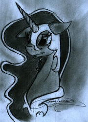 Size: 1469x2042 | Tagged: safe, artist:digitaldomain123, nightmare moon, g4, blushing, doodle, female, floppy ears, monochrome, nightmare luna, sketch, smiling, solo, traditional art
