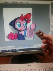 Size: 2448x3264 | Tagged: safe, artist:suplolnope, pinkie pie, earth pony, human, pony, g4, :p, chocolate, clothes, computer, cute, eyes on the prize, floppy ears, food, fourth wall, hand, high res, hoodie, keyboard, microsoft windows, paint tool sai, photo, photoshop, reaching, samsung, steam, steam (software), tongue out, underhoof, waifu dinner, windows 7, wristband