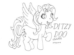 Size: 1000x743 | Tagged: safe, artist:gato303co, derpy hooves, pegasus, pony, g3, g4, female, g4 to g3, generation leap, mare, monochrome, solo