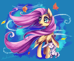 Size: 3114x2578 | Tagged: dead source, safe, artist:matrosha123, angel bunny, fluttershy, g4, high res, leaves, wind