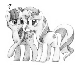 Size: 2635x2244 | Tagged: safe, artist:awengrocks, sunset shimmer, twilight sparkle, alicorn, pony, unicorn, g4, blushing, female, grayscale, high res, lesbian, love, monochrome, ship:sunsetsparkle, shipping, twilight sparkle (alicorn)