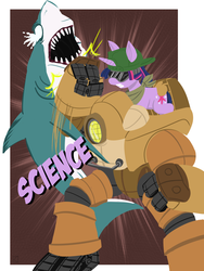 Size: 2100x2800 | Tagged: safe, artist:fauxsquared, twilight sparkle, shark, g4, fight, high res, mecha, punch, science, wat