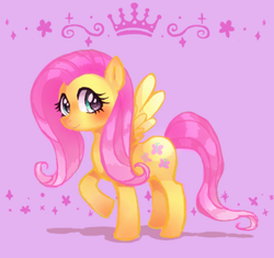 Size: 592x557 | Tagged: safe, artist:mikepo12, fluttershy, pegasus, pony, g4, crown, cute, female, jewelry, mare, pixiv, purple background, regalia, shyabetes, simple background, solo, stars