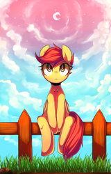 Size: 1182x1845 | Tagged: safe, artist:maren, scootaloo, pegasus, pony, g4, cloud, crescent moon, eye clipping through hair, female, fence, filly, foal, folded wings, grass, moon, sitting, sky, solo, vertigo, wings