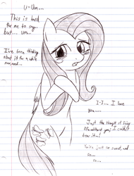 Size: 2191x2876 | Tagged: safe, artist:shadowponi, fluttershy, g4, blushing, dialogue, female, grayscale, high res, lined paper, love, monochrome, solo, traditional art