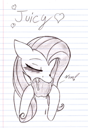 Size: 1658x2407 | Tagged: safe, artist:shadowponi, fluttershy, g4, apple, eating, female, fruit, grayscale, herbivore, juicy, lined paper, monochrome, solo, traditional art