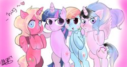 Size: 1280x678 | Tagged: safe, artist:mrscurlystyles, rainbow dash, twilight sparkle, oc, oc:art shine, oc:strawberry pie, alicorn, pegasus, pony, g4, alicorn oc, female, hug, lesbian, mare, pink background, ship:twidash, shipping, simple background, strawshine, twilight sparkle (alicorn)