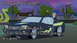 Size: 1024x576 | Tagged: safe, edit, edited screencap, screencap, flash sentry, equestria girls, g4, my little pony equestria girls, car, flash sentry's car, male, solo, starsky and hutch, stealing, text, text edit