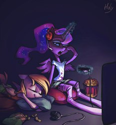 Size: 955x1024 | Tagged: safe, artist:holivi, derpy hooves, princess luna, alicorn, pegasus, semi-anthro, gamer luna, g4, clothes, computer, dark, long legs, playing, skinny, sleeping, stylized, thin, video game