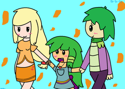 Size: 1024x729 | Tagged: safe, artist:finceline4ever, applejack, spike, oc, oc:belle, human, hybrid, g4, female, holding hands, humanized, humanized oc, male, offspring, parent:applejack, parent:spike, parents:applespike, ship:applespike, shipping, straight