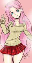 Size: 481x947 | Tagged: safe, artist:tokatl, fluttershy, human, g4, clothes, female, humanized, miniskirt, off shoulder, skirt, solo, sweater, sweatershy
