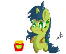 Size: 939x769 | Tagged: safe, artist:magical disaster, oc, oc only, oc:magical disaster, pony, :t, bipedal, colored eyelashes, cute, eyelashes, jam, jar, messy, puffy cheeks, smiling, solo, style emulation