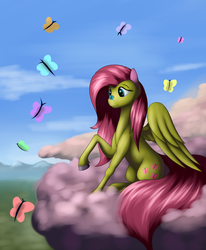 Size: 2100x2550 | Tagged: safe, artist:grennadder, fluttershy, butterfly, pegasus, pony, g4, cloud, cloudy, female, high res, mare, solo