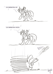 Size: 2358x3266 | Tagged: safe, artist:casynuf, spike, twilight sparkle, dragon, pony, unicorn, g4, winter wrap up, butt, comic, dragons riding ponies, eyes closed, female, high res, male, mare, monochrome, music notes, open mouth, plot, pun, riding, singing, smiling, spike riding twilight, spring, trotting, underhoof