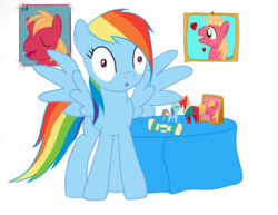 Size: 597x462 | Tagged: safe, artist:karmadash, big macintosh, rainbow dash, earth pony, pony, g4, bow, bowtie, caught, crush, doll, heart, male, not creepy, obsession, pointy ponies, poster, ship:rainbowmac, shipping, shocked, shrine, simple background, spread wings, stalker, stallion, straight, table, transparent background, wingboner