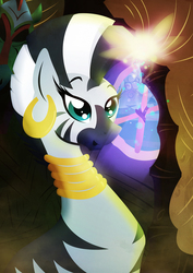 Size: 1358x1920 | Tagged: safe, artist:rariedash, zecora, zebra, g4, female, lineless, mare, solo, window, zecora's hut