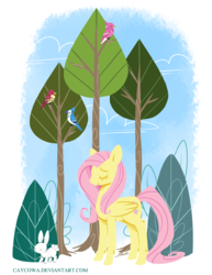 Size: 618x800 | Tagged: safe, artist:caycowa, angel bunny, fluttershy, bird, g4, eyes closed, tree