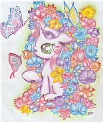 Size: 1494x1765 | Tagged: dead source, safe, artist:nika191319, sweetie belle, butterfly, g4, female, flower, solo, traditional art