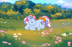 Size: 700x462 | Tagged: safe, artist:penanggalan, sweet stuff, earth pony, pony, g1, bow, cute, eyes closed, female, mare, outdoors, prone, solo, sweet sweet stuff, tail bow