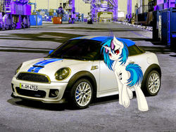 Size: 1600x1200 | Tagged: safe, artist:n0m1, edit, dj pon-3, vinyl scratch, g4, :3, art theft, car, irl, mini cooper, mini coupe, photo, ponies in real life, ponies with cars, solo, underhoof, wrong eye color