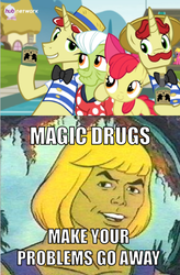 Size: 432x659 | Tagged: safe, apple bloom, flam, flim, granny smith, g4, leap of faith, flim flam brothers, he-man, hub logo, hub network, image macro, magic drugs, meme, the hub, youtube poop