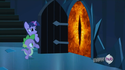 Size: 854x480 | Tagged: safe, spike, twilight sparkle, g4, my little pony: friendship is magic, the crystal empire, exploitable meme, eye of sauron, meme, sauron, the hobbit, the scary door