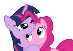 Size: 2441x1706 | Tagged: safe, artist:mmdfantage, edit, pinkie pie, twilight sparkle, g4, cute, female, hug, lesbian, ship:twinkie, shipping