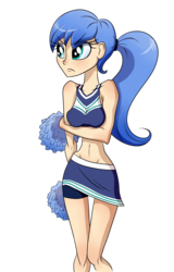 Size: 1151x1794 | Tagged: safe, artist:sigmanas, princess luna, human, g4, belly button, cheerleader, clothes, embarrassed, female, frown, humanized, midriff, miniskirt, pom pom, ponytail, simple background, skirt, solo, wip