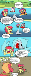 Size: 3097x7548 | Tagged: safe, artist:helsaabi, apple bloom, big macintosh, scootaloo, sweetie belle, earth pony, pony, shark, g4, comic, cutie mark crusaders, floaty, lake, male, stallion, swimming, water wings, wet mane