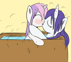 Size: 600x524 | Tagged: safe, artist:tiki2, artist:xioade, rarity, sweetie belle, pony, unicorn, g4, belle sisters, blushing, duo, eyes closed, female, filly, hot tub, incest, kissing, lesbian, mare, mare on filly, ship:raribelle, shipping, sisters, steam, wet, wet mane, wet mane rarity