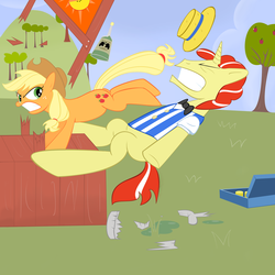 Size: 2000x2000 | Tagged: safe, artist:waffengrunt89, applejack, flim, earth pony, pony, unicorn, g4, leap of faith, abuse, angry, bowtie, bucking, clothes, duo, female, flim flam miracle curative tonic, hat, high res, male, mare, shirt, stallion, tonic