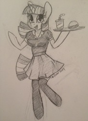 Size: 920x1265 | Tagged: safe, artist:wonderwaifu, twilight sparkle, anthro, g4, clothes, female, food, grayscale, monochrome, solo, traditional art, waitress