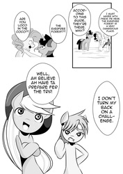 Size: 2203x3115 | Tagged: safe, artist:0ryomamikado0, applejack, fluttershy, pinkie pie, rainbow dash, rarity, twilight sparkle, semi-anthro, comic:the unexpected love life of dusk shine, g4, comic, dusk shine, high res, mane six, monochrome, rule 63