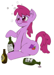 Size: 2142x2946 | Tagged: safe, artist:mac-smith, artist:titi, berry punch, berryshine, earth pony, pony, g4, alcohol, blushing, drunk, drunk bubbles, ear fluff, female, high res, mare, nose wrinkle, simple background, sitting, solo, tipsy, transparent background