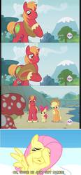 Size: 446x960 | Tagged: safe, edit, edited screencap, screencap, apple bloom, applejack, big macintosh, fluttershy, granny smith, earth pony, pony, g4, leap of faith, sonic rainboom (episode), caption, comic, covering eyes, female, horse collar, male, mare, screencap comic, ship:fluttermac, shipping, stallion, straight, undressing, we don't normally wear clothes
