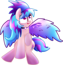 Size: 1830x1886 | Tagged: dead source, safe, artist:jencita, oc, oc only, oc:shiny dawn, pegasus, pony, choker, heterochromia, looking up, open mouth, raised hoof, sitting, smiling, solo, spread wings