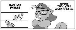 Size: 900x360 | Tagged: safe, artist:rhjunior, fluttershy, rainbow dash, beaver, g4, backwards ballcap, baseball cap, comic, digital art, female, furry, gif, glasses, hat, hipster glasses, non-animated gif, toy, webcomic