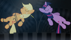 Size: 3820x2140 | Tagged: safe, artist:waveywaves, applejack, twilight sparkle, g4, duo, high res, the matrix, wires