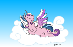 Size: 1024x663 | Tagged: safe, artist:rhjunior, princess cadance, shining armor, alicorn, pony, g4, alicornified, cloud, cuddling, eyes closed, female, good end, hooves, horn, hug, husband and wife, immortality blues no more, lying on a cloud, male, mare, on a cloud, on side, pregnant, prince shining armor, race swap, shiningcorn, ship:shiningcadance, shipping, sleeping, smiling, snuggling, spread wings, stallion, straight, together forever, winghug, wings