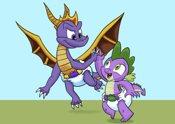 Size: 1248x883 | Tagged: safe, artist:artiecanvas, spike, dragon, g4, crossover, diaper, diaper fetish, male, non-baby in diaper, spyro the dragon, spyro the dragon (series)