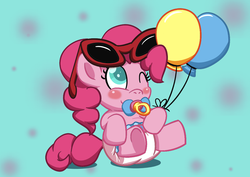 Size: 1248x883 | Tagged: safe, artist:artiecanvas, pinkie pie, earth pony, pony, g4, artiecanvas is trying to murder us, baby, baby pie, baby pony, balloon, cute, diaper, diapinkes, female, solo