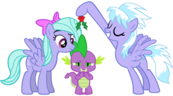 Size: 2136x1188 | Tagged: dead source, safe, hundreds of users filter this tag, cloudchaser, flitter, spike, g4, holly, holly mistaken for mistletoe, lucky bastard, ship:flitterspike, ship:spikechaser, show accurate, spike gets all the mares, trio