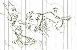 Size: 1718x1111 | Tagged: safe, artist:ponescribbles, gilda, rainbow dash, dragon, griffon, g4, cloud, group, lined paper, lying down, monochrome, prone, resting, sketch, traditional art