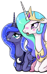 Size: 259x408 | Tagged: safe, artist:stoic5, princess celestia, princess luna, alicorn, pony, g4, blushing, female, floppy ears, grin, mare, open mouth, prone, simple background, smiling, varying degrees of want, white background