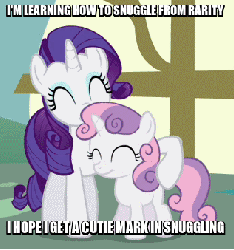 Size: 317x338 | Tagged: safe, rarity, sweetie belle, g4, animated, cute, diasweetes, female, image macro, imma snuggle you, meme, nuzzling, raribetes, sisters