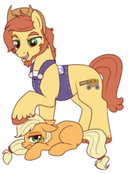 Size: 417x563 | Tagged: safe, artist:lulubell, applejack, oc, g4, applejack's parents, father, filly, floppy ears, frown, grin, not bright mac, overalls, petting, prone, simple background, smiling, standing, transparent background, younger